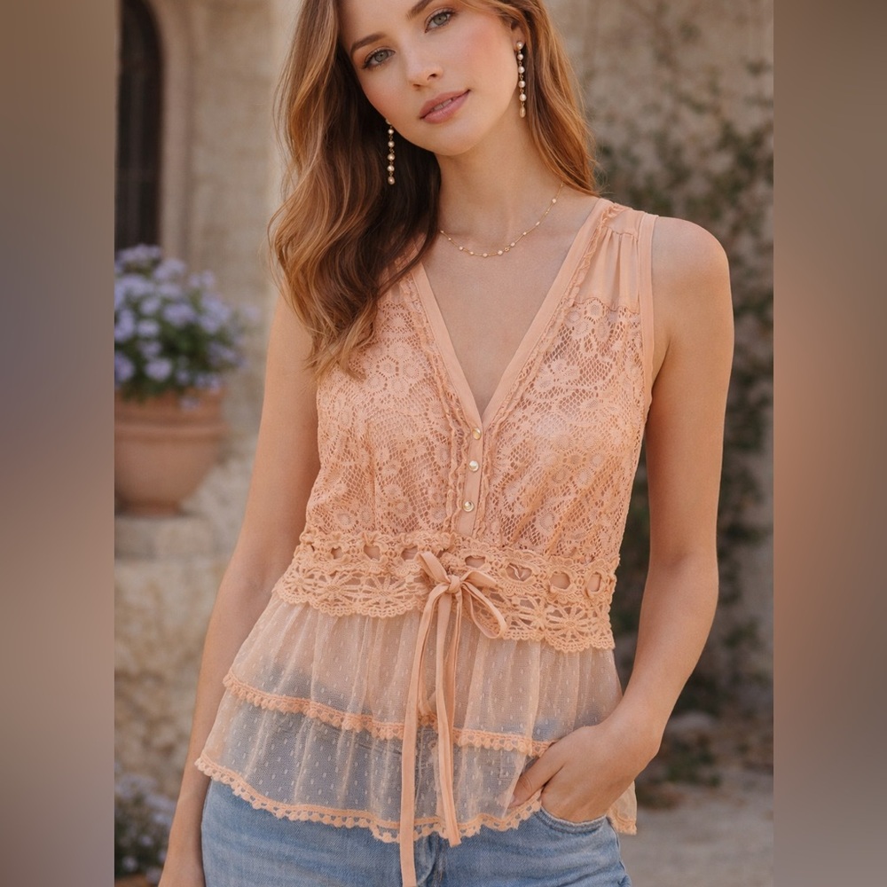 Coquette Lace Tie Front Blouse Peach Sheer Tiered Top Vintage Rue21